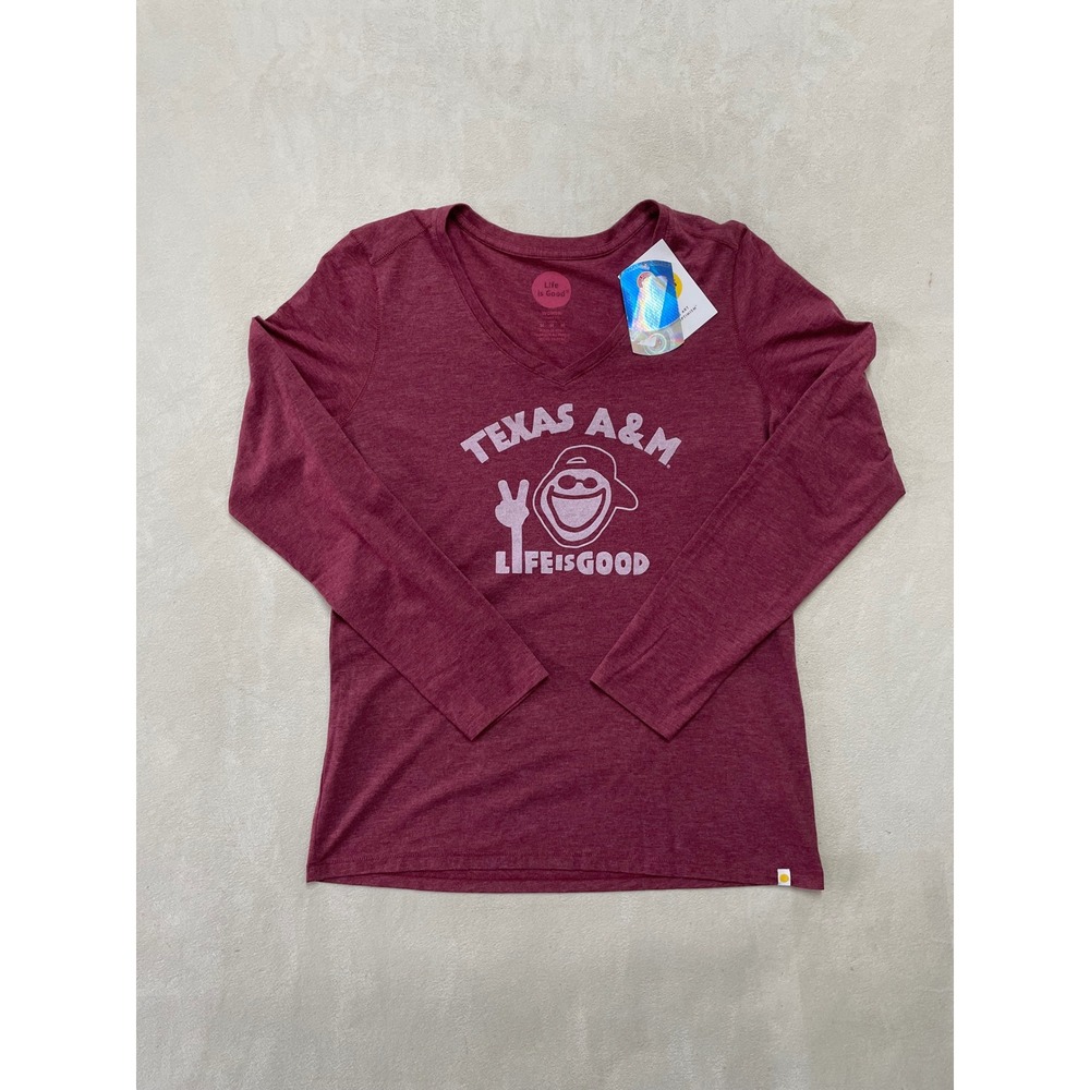 Life is Good Texas A&M Aggies Womens V-Neck Long Sleeve T-Shirt Maroon Size M